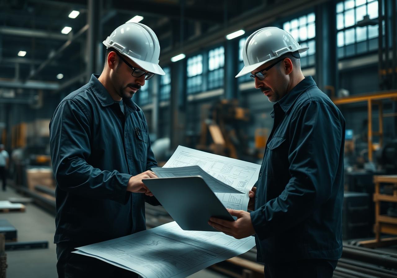 Engenheiros analisando plantas técnicas em ambiente industrial